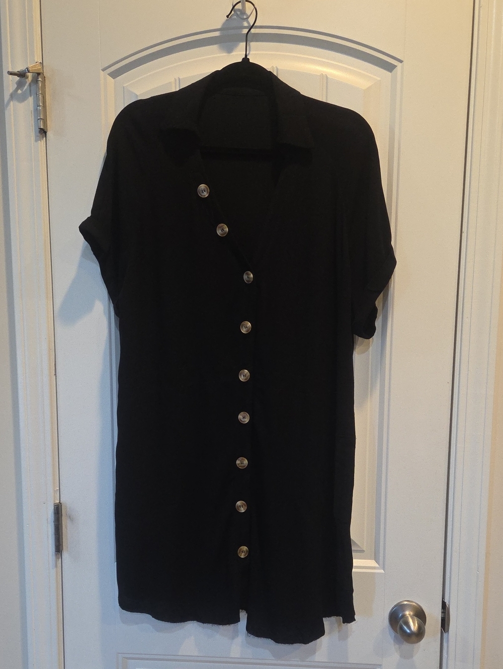 Women's Black Short-Sleeve Button-Down Shirt Dress